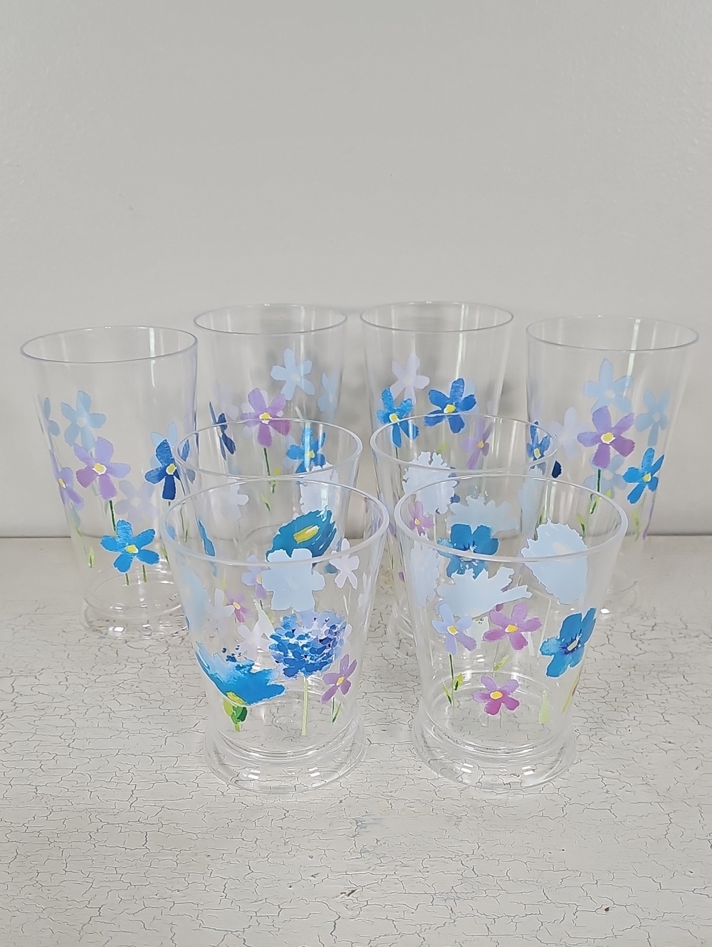 ​Set of 8 Floral Acrylic Glasses - 4 Tumblers & 4 Rocks Glasses - Blue & Purple